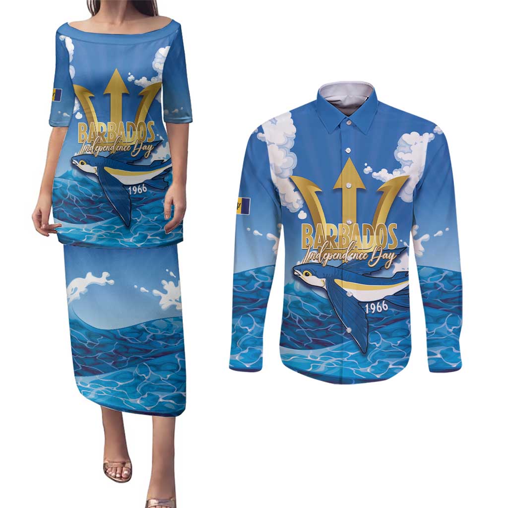 Barbados Independence Day Couples Matching Puletasi and Long Sleeve Button Shirt Gold Trident and Flying Fish - Wonder Print Shop