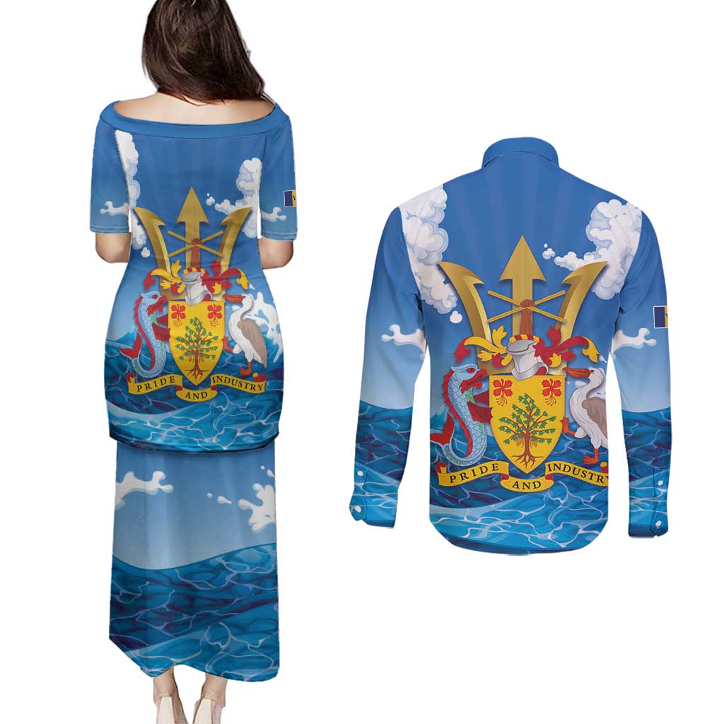 Barbados Independence Day Couples Matching Puletasi and Long Sleeve Button Shirt Gold Trident and Flying Fish - Wonder Print Shop