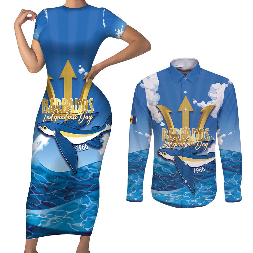 Barbados Independence Day Couples Matching Short Sleeve Bodycon Dress and Long Sleeve Button Shirt Gold Trident and Flying Fish - Wonder Print Shop