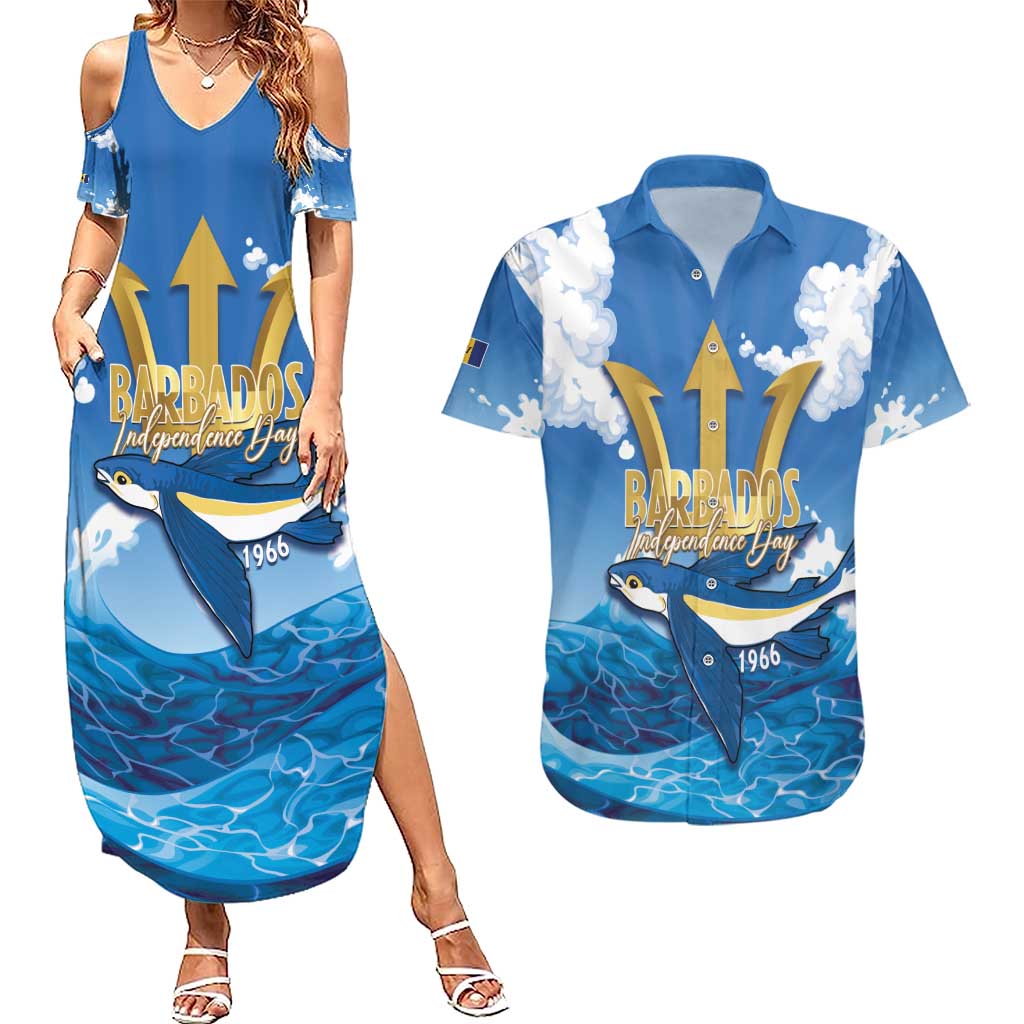 Barbados Independence Day Couples Matching Summer Maxi Dress and Hawaiian Shirt Gold Trident and Flying Fish - Wonder Print Shop