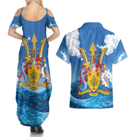 Barbados Independence Day Couples Matching Summer Maxi Dress and Hawaiian Shirt Gold Trident and Flying Fish - Wonder Print Shop