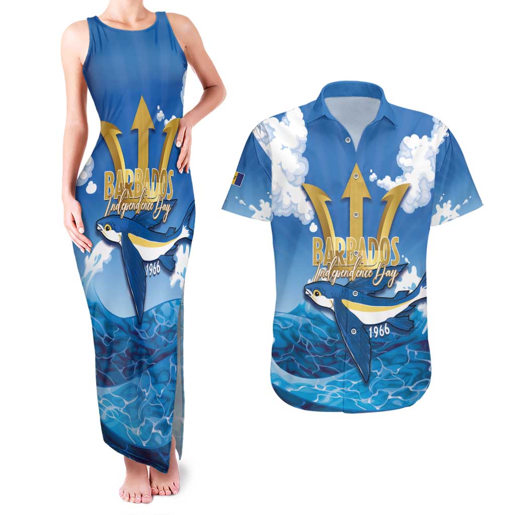 Barbados Independence Day Couples Matching Tank Maxi Dress and Hawaiian Shirt Gold Trident and Flying Fish - Wonder Print Shop
