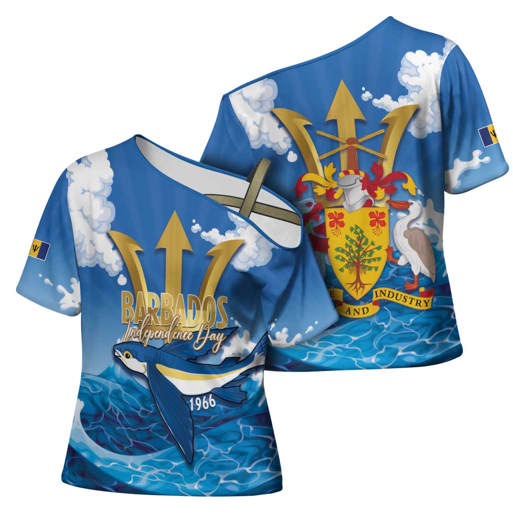 Barbados Independence Day Cross Shoulder Shirt Gold Trident and Flying Fish - Wonder Print Shop