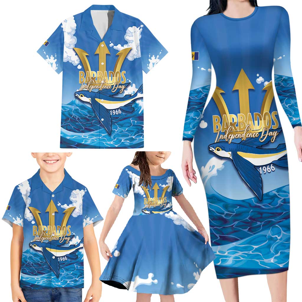 Barbados Independence Day Family Matching Long Sleeve Bodycon Dress and Hawaiian Shirt Gold Trident and Flying Fish - Wonder Print Shop