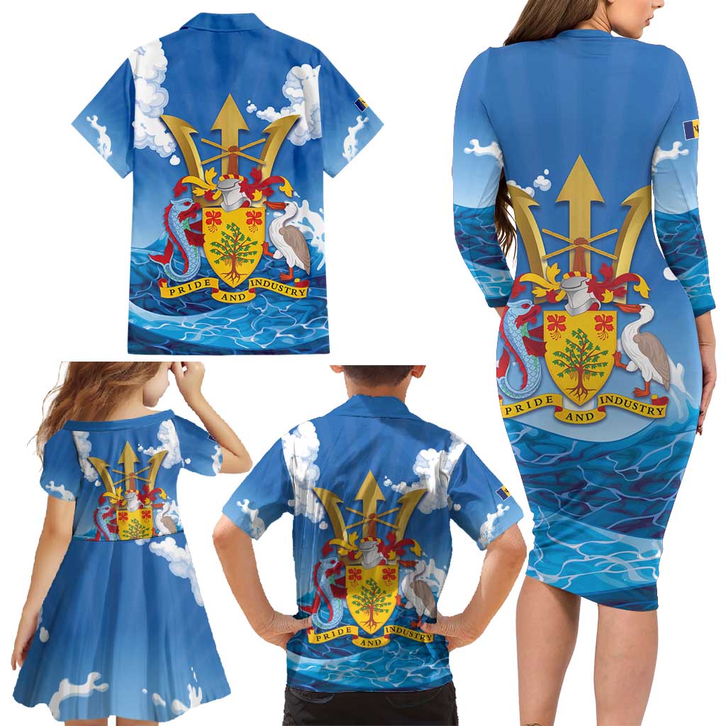 Barbados Independence Day Family Matching Long Sleeve Bodycon Dress and Hawaiian Shirt Gold Trident and Flying Fish - Wonder Print Shop