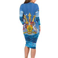 Barbados Independence Day Family Matching Long Sleeve Bodycon Dress and Hawaiian Shirt Gold Trident and Flying Fish - Wonder Print Shop