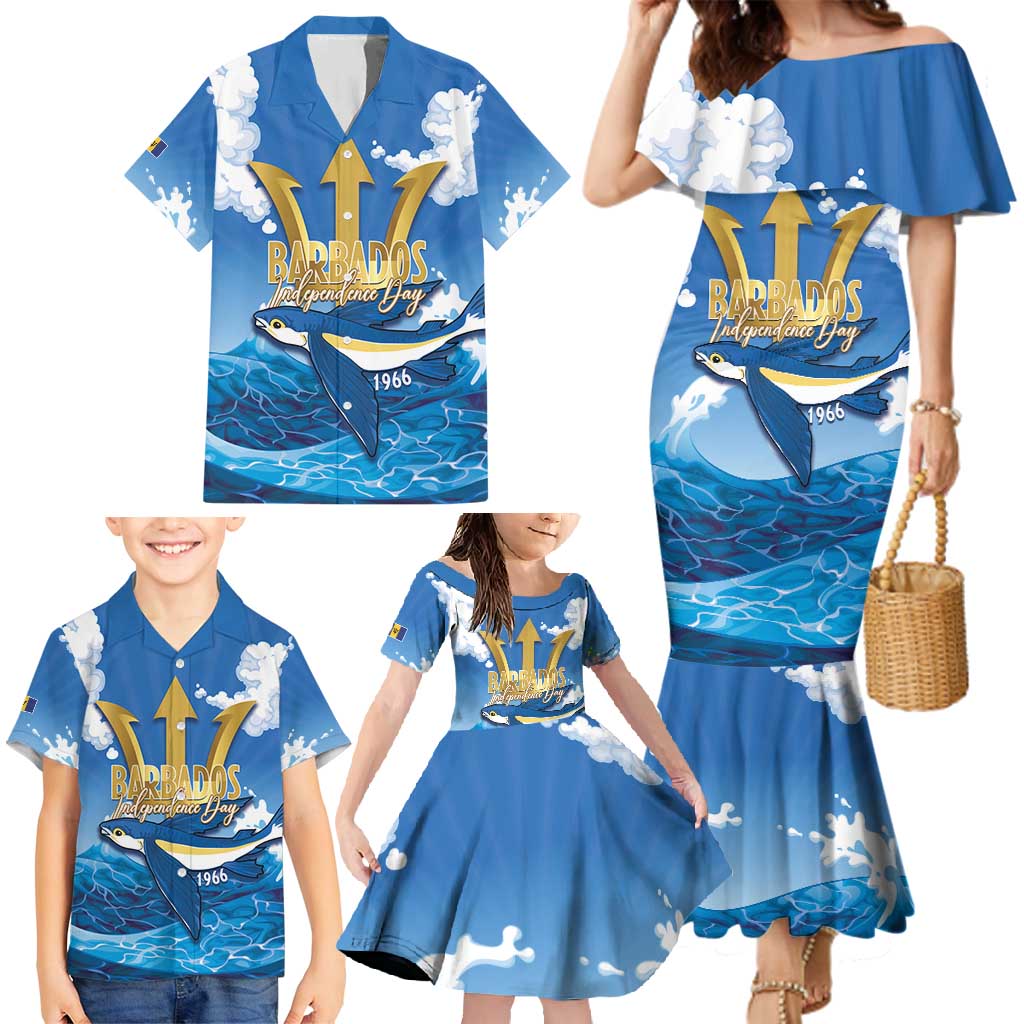 Barbados Independence Day Family Matching Mermaid Dress and Hawaiian Shirt Gold Trident and Flying Fish - Wonder Print Shop
