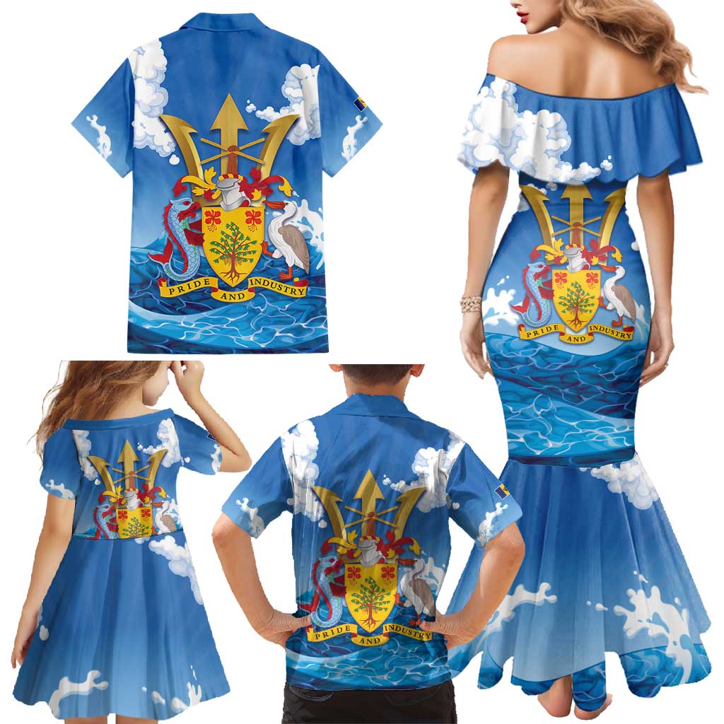 Barbados Independence Day Family Matching Mermaid Dress and Hawaiian Shirt Gold Trident and Flying Fish - Wonder Print Shop