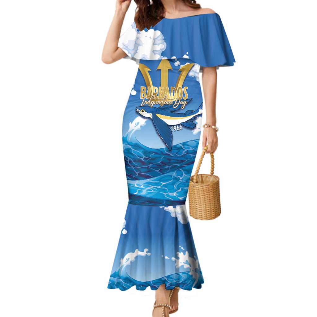 Barbados Independence Day Family Matching Mermaid Dress and Hawaiian Shirt Gold Trident and Flying Fish - Wonder Print Shop