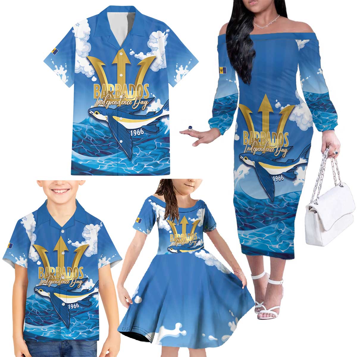 Barbados Independence Day Family Matching Off The Shoulder Long Sleeve Dress and Hawaiian Shirt Gold Trident and Flying Fish - Wonder Print Shop