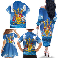Barbados Independence Day Family Matching Off The Shoulder Long Sleeve Dress and Hawaiian Shirt Gold Trident and Flying Fish - Wonder Print Shop