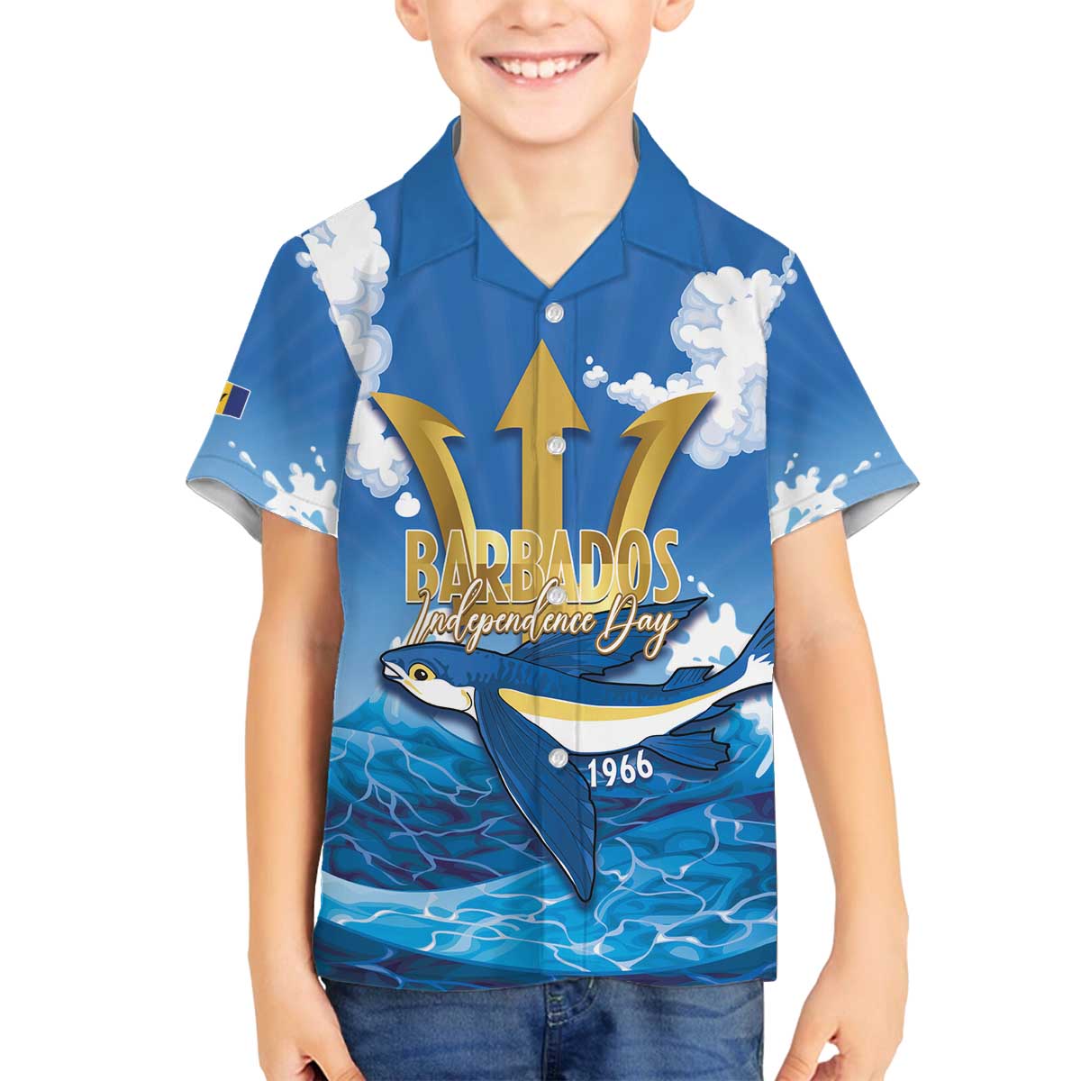 Barbados Independence Day Family Matching Off The Shoulder Long Sleeve Dress and Hawaiian Shirt Gold Trident and Flying Fish - Wonder Print Shop