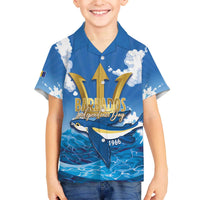 Barbados Independence Day Family Matching Off The Shoulder Long Sleeve Dress and Hawaiian Shirt Gold Trident and Flying Fish - Wonder Print Shop