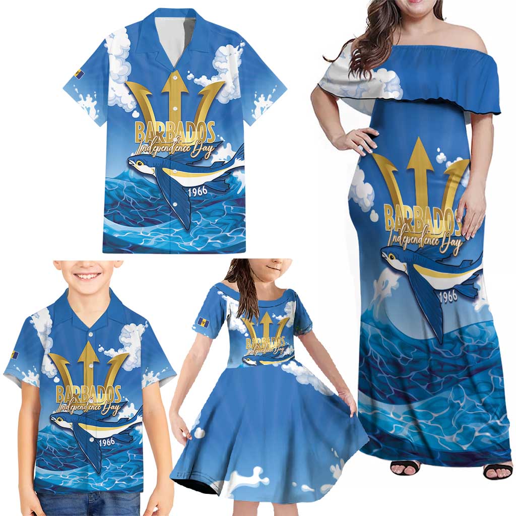 Barbados Independence Day Family Matching Off Shoulder Maxi Dress and Hawaiian Shirt Gold Trident and Flying Fish - Wonder Print Shop