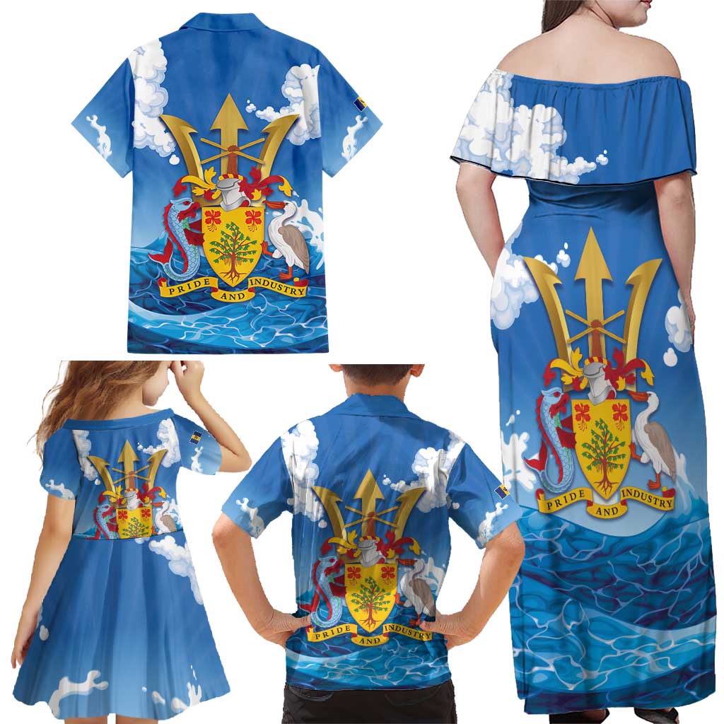 Barbados Independence Day Family Matching Off Shoulder Maxi Dress and Hawaiian Shirt Gold Trident and Flying Fish - Wonder Print Shop