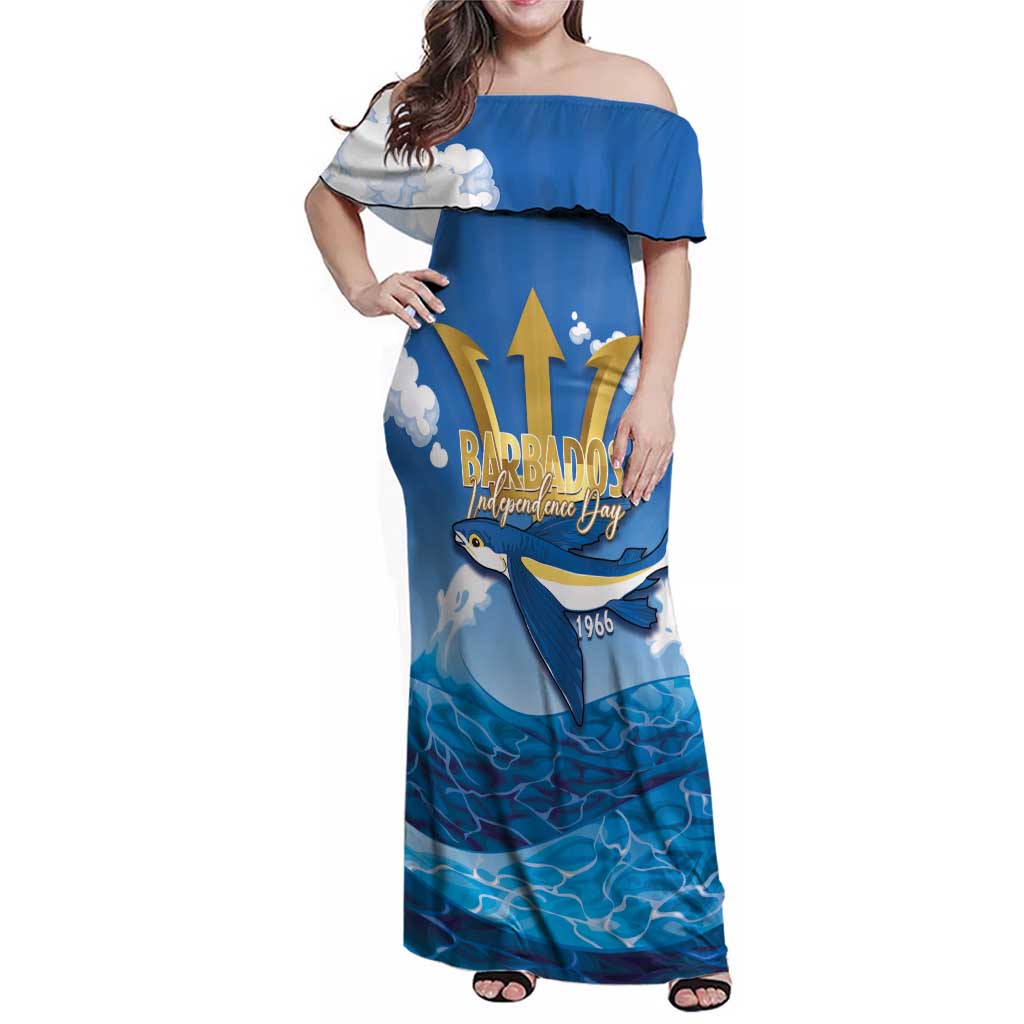 Barbados Independence Day Family Matching Off Shoulder Maxi Dress and Hawaiian Shirt Gold Trident and Flying Fish - Wonder Print Shop