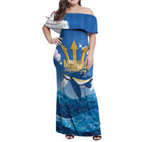 Barbados Independence Day Family Matching Off Shoulder Maxi Dress and Hawaiian Shirt Gold Trident and Flying Fish - Wonder Print Shop