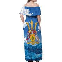 Barbados Independence Day Family Matching Off Shoulder Maxi Dress and Hawaiian Shirt Gold Trident and Flying Fish - Wonder Print Shop