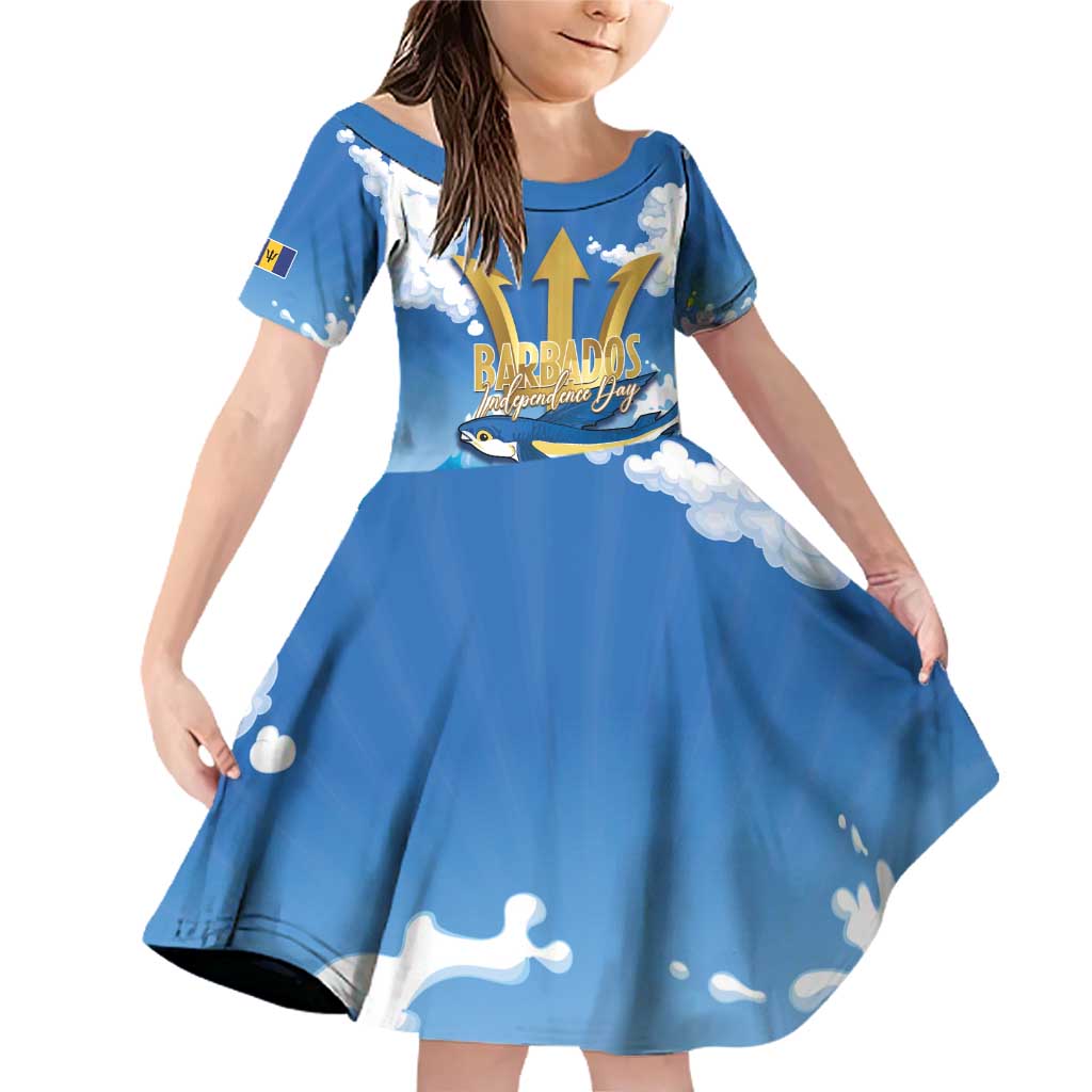 Barbados Independence Day Family Matching Off Shoulder Short Dress and Hawaiian Shirt Gold Trident and Flying Fish - Wonder Print Shop