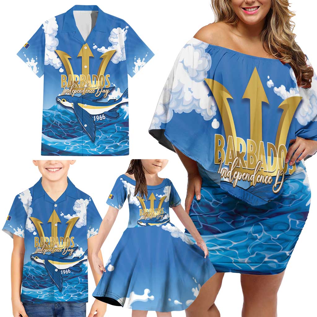Barbados Independence Day Family Matching Off Shoulder Short Dress and Hawaiian Shirt Gold Trident and Flying Fish - Wonder Print Shop