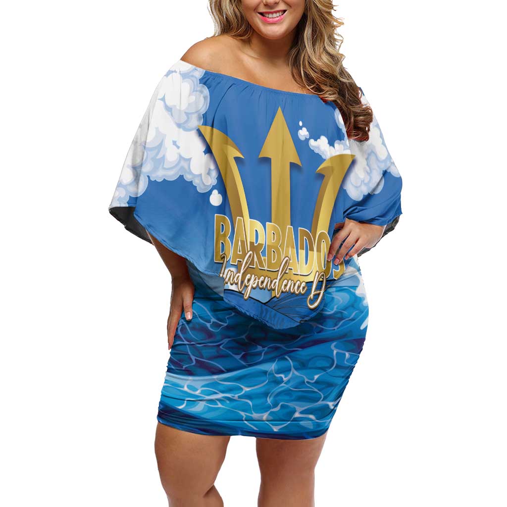 Barbados Independence Day Family Matching Off Shoulder Short Dress and Hawaiian Shirt Gold Trident and Flying Fish - Wonder Print Shop