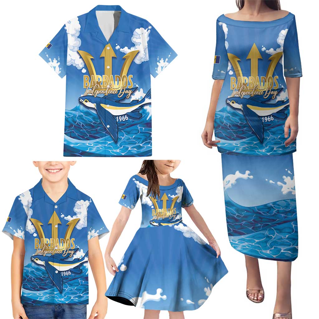 Barbados Independence Day Family Matching Puletasi and Hawaiian Shirt Gold Trident and Flying Fish - Wonder Print Shop