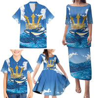 Barbados Independence Day Family Matching Puletasi and Hawaiian Shirt Gold Trident and Flying Fish - Wonder Print Shop