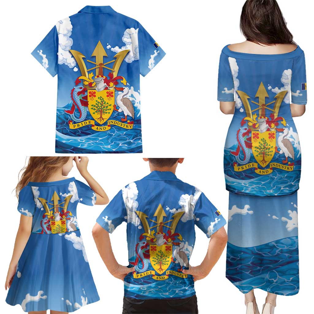 Barbados Independence Day Family Matching Puletasi and Hawaiian Shirt Gold Trident and Flying Fish - Wonder Print Shop