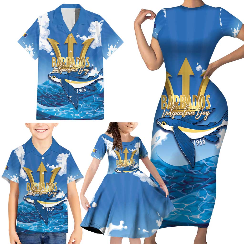 Barbados Independence Day Family Matching Short Sleeve Bodycon Dress and Hawaiian Shirt Gold Trident and Flying Fish - Wonder Print Shop