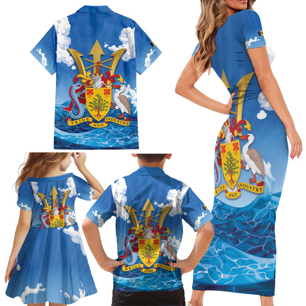 Barbados Independence Day Family Matching Short Sleeve Bodycon Dress and Hawaiian Shirt Gold Trident and Flying Fish - Wonder Print Shop