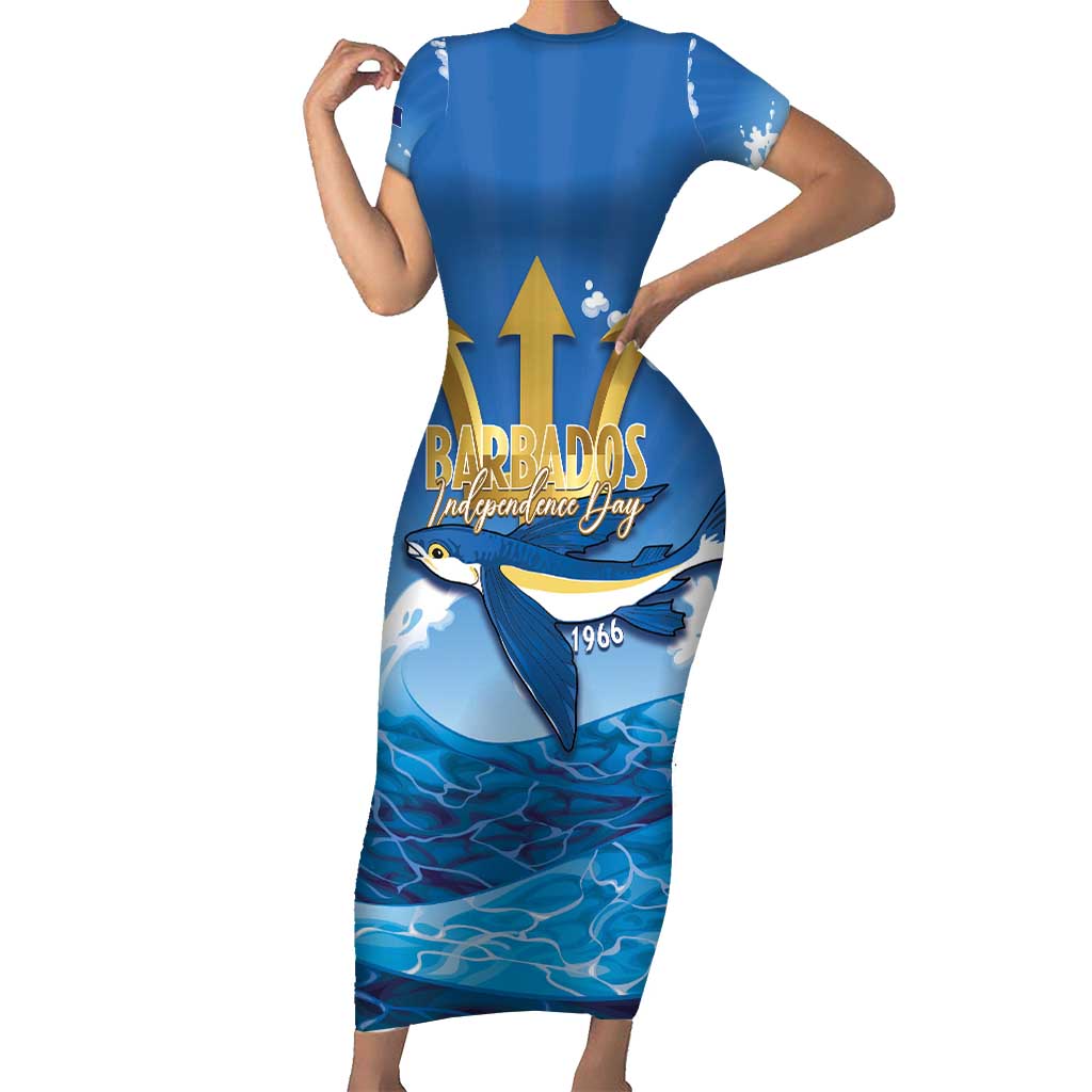 Barbados Independence Day Family Matching Short Sleeve Bodycon Dress and Hawaiian Shirt Gold Trident and Flying Fish - Wonder Print Shop