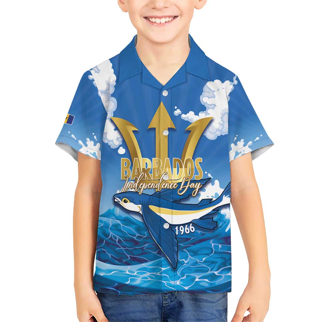 Barbados Independence Day Family Matching Short Sleeve Bodycon Dress and Hawaiian Shirt Gold Trident and Flying Fish - Wonder Print Shop