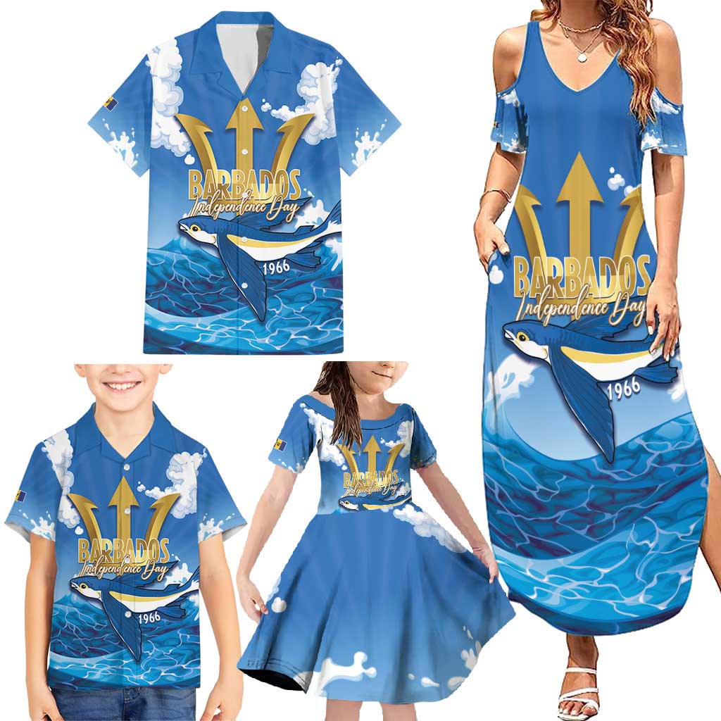 Barbados Independence Day Family Matching Summer Maxi Dress and Hawaiian Shirt Gold Trident and Flying Fish - Wonder Print Shop