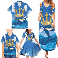Barbados Independence Day Family Matching Summer Maxi Dress and Hawaiian Shirt Gold Trident and Flying Fish - Wonder Print Shop