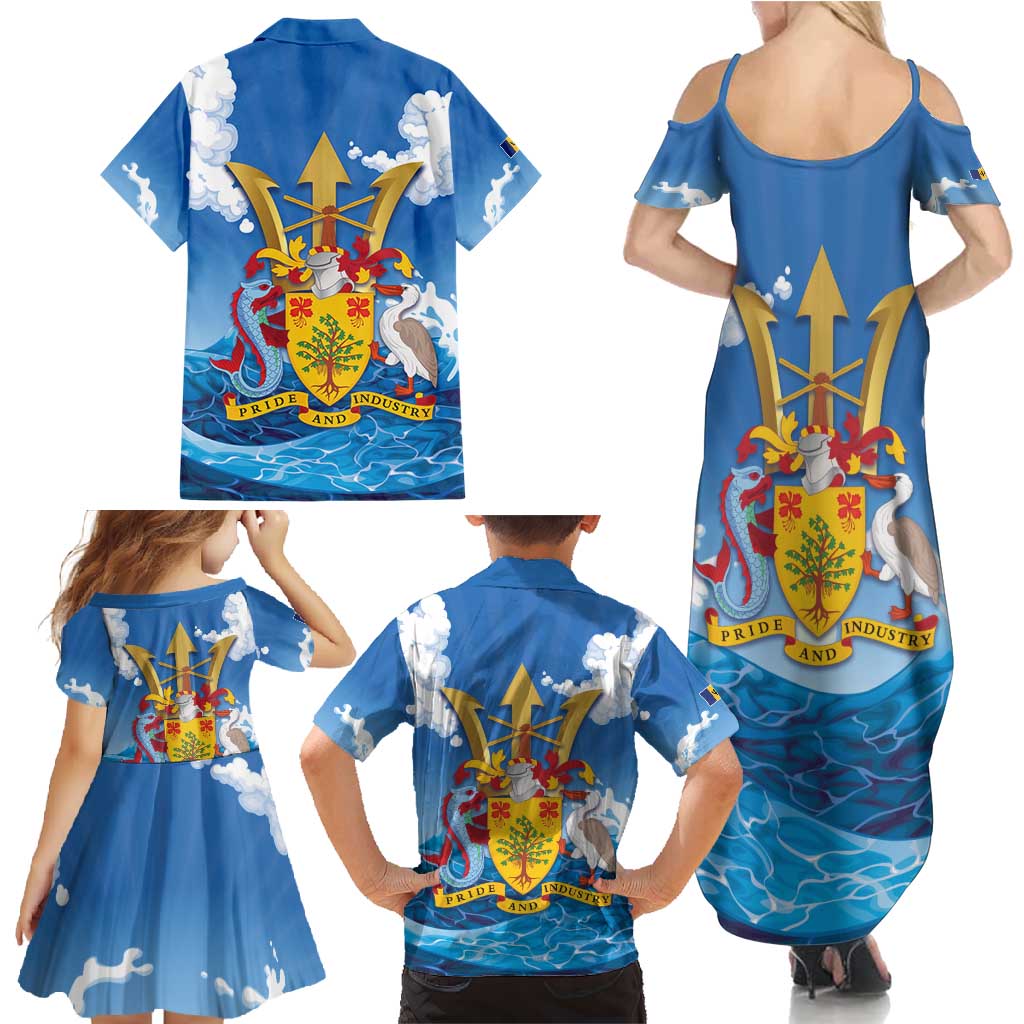 Barbados Independence Day Family Matching Summer Maxi Dress and Hawaiian Shirt Gold Trident and Flying Fish - Wonder Print Shop