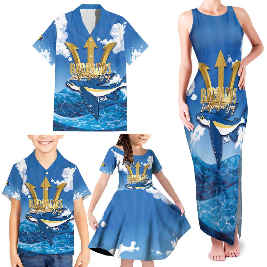 Barbados Independence Day Family Matching Tank Maxi Dress and Hawaiian Shirt Gold Trident and Flying Fish - Wonder Print Shop