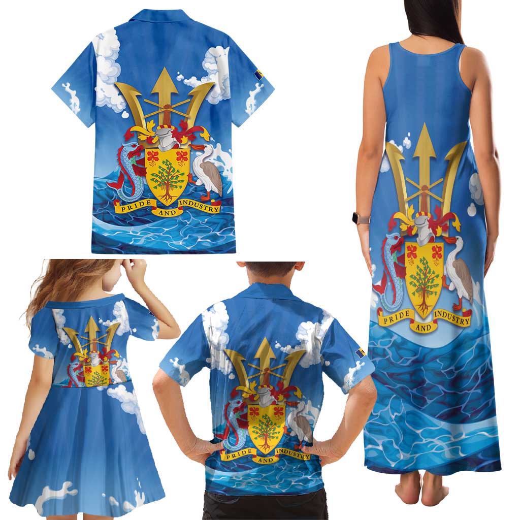 Barbados Independence Day Family Matching Tank Maxi Dress and Hawaiian Shirt Gold Trident and Flying Fish - Wonder Print Shop