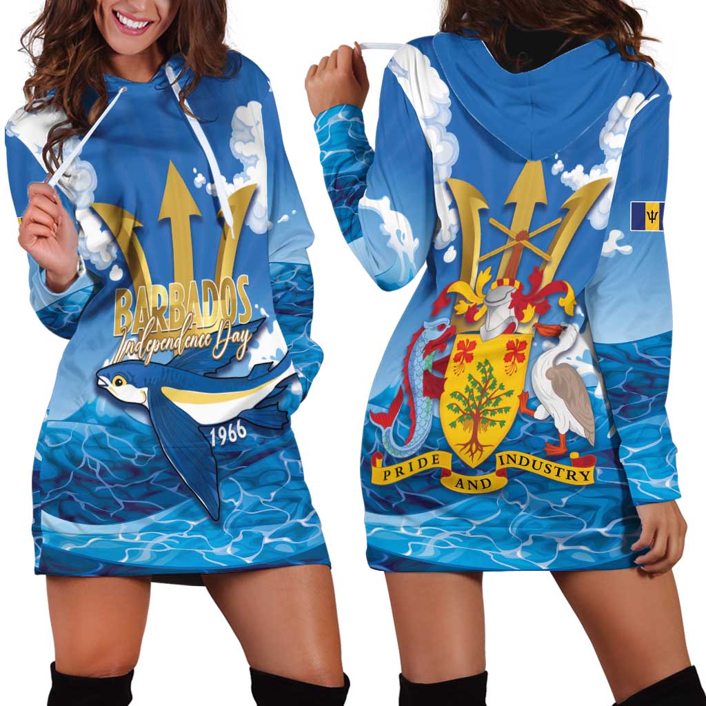 Barbados Independence Day Hoodie Dress Gold Trident and Flying Fish - Wonder Print Shop