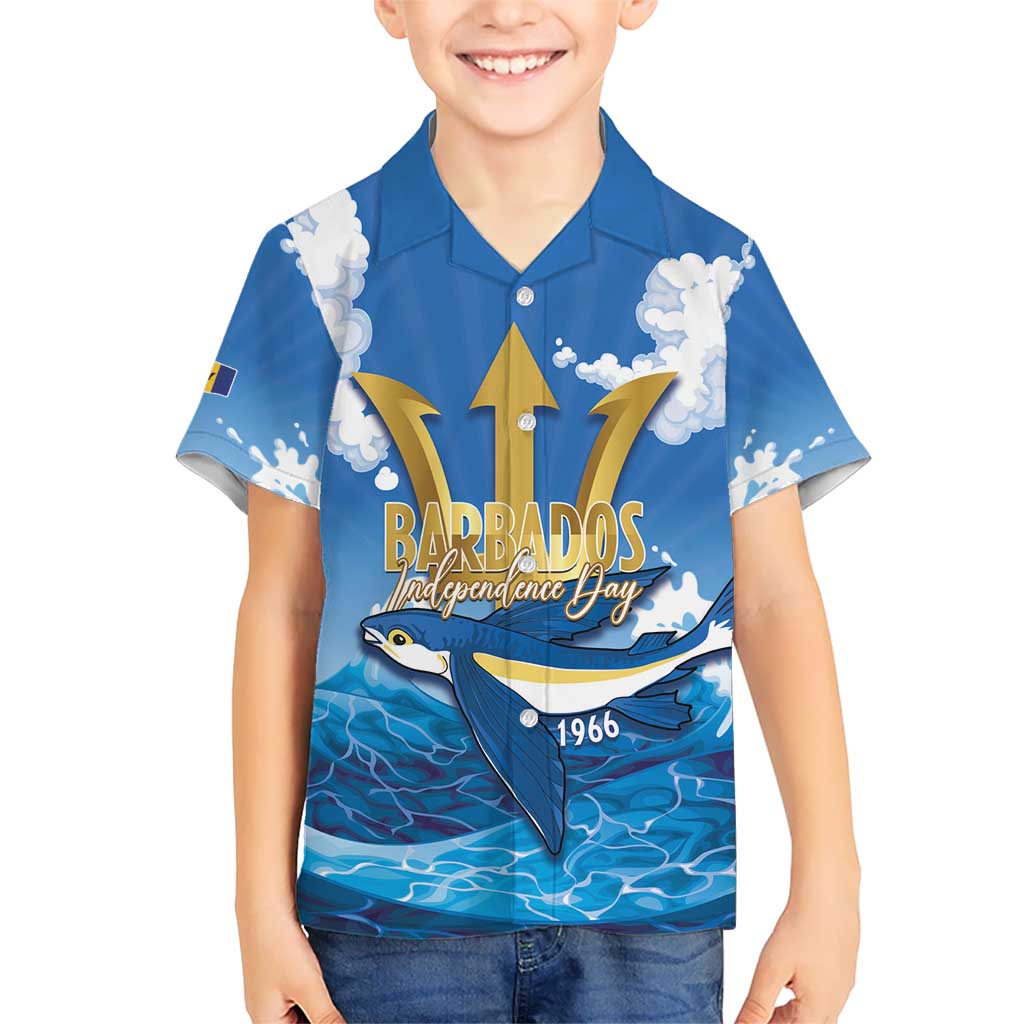 Barbados Independence Day Kid Hawaiian Shirt Gold Trident and Flying Fish - Wonder Print Shop