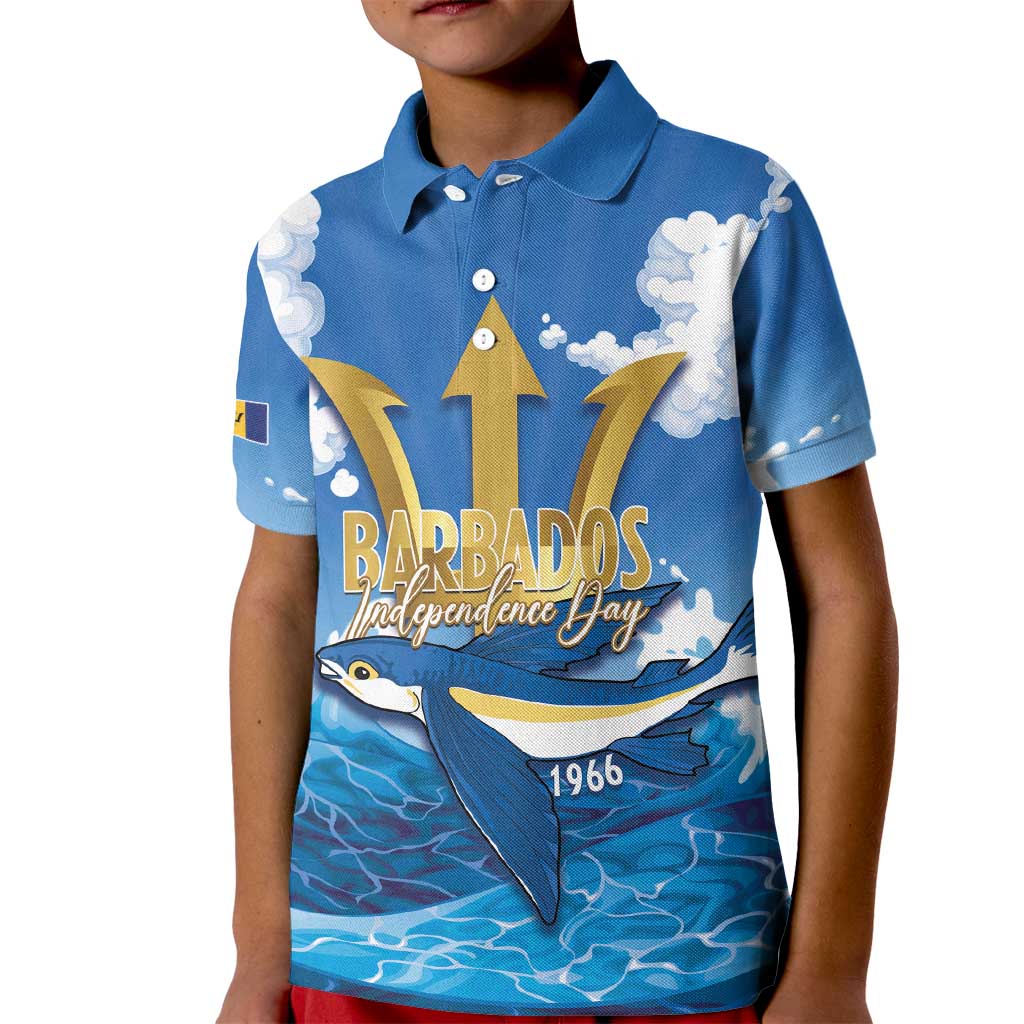 Barbados Independence Day Kid Polo Shirt Gold Trident and Flying Fish - Wonder Print Shop