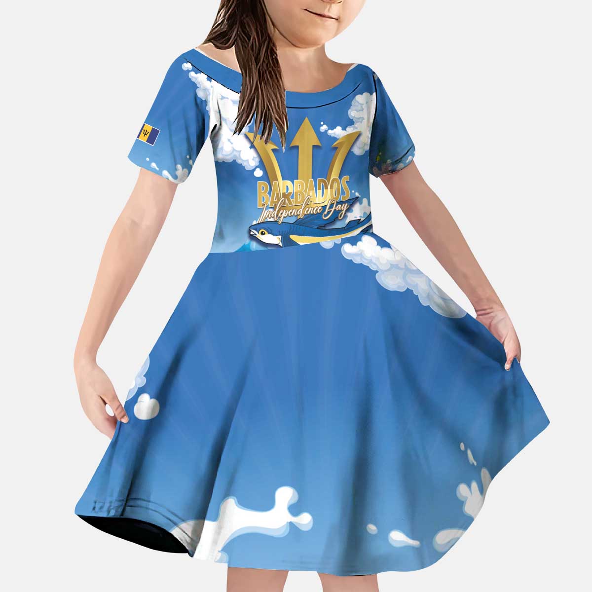 Barbados Independence Day Kid Short Sleeve Dress Gold Trident and Flying Fish - Wonder Print Shop