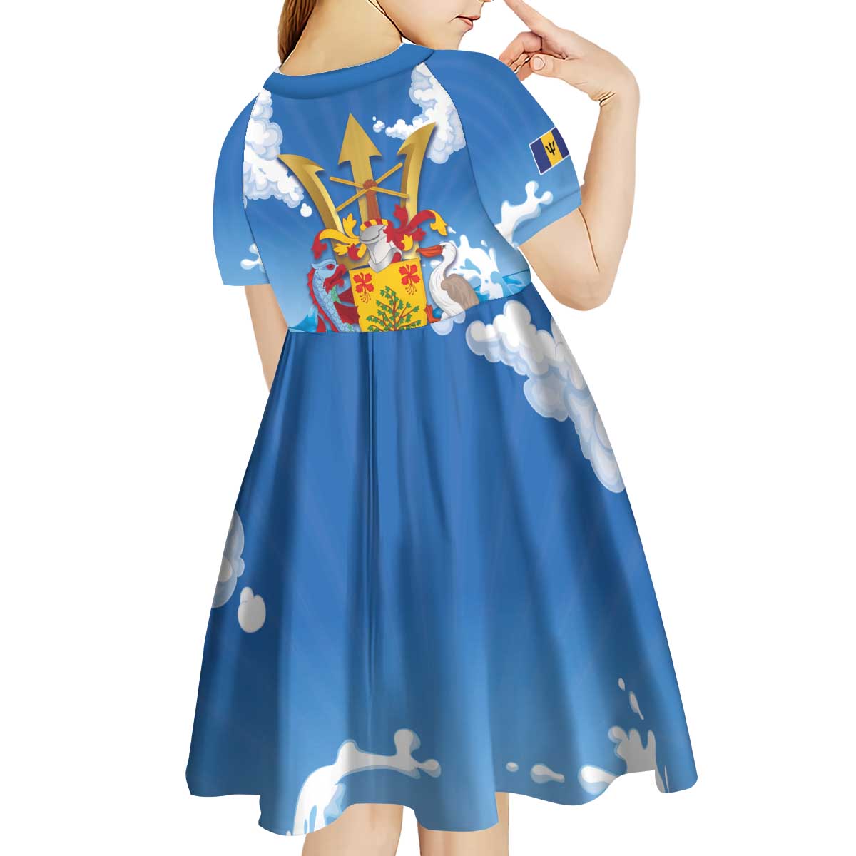 Barbados Independence Day Kid Short Sleeve Dress Gold Trident and Flying Fish - Wonder Print Shop