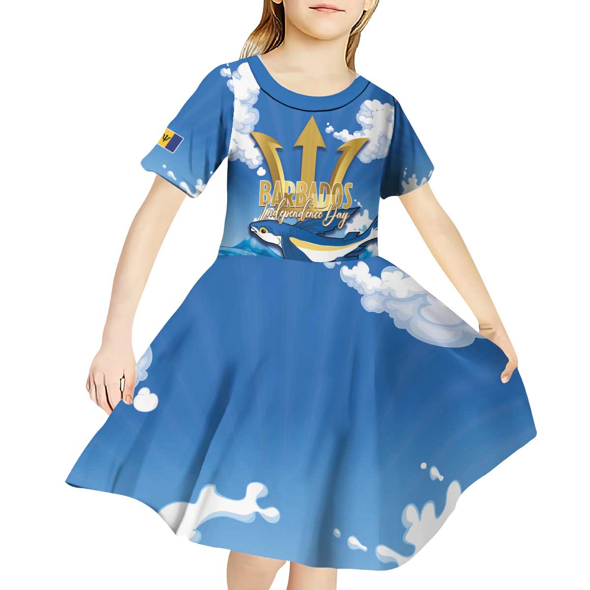 Barbados Independence Day Kid Short Sleeve Dress Gold Trident and Flying Fish - Wonder Print Shop