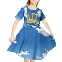 Barbados Independence Day Kid Short Sleeve Dress Gold Trident and Flying Fish - Wonder Print Shop