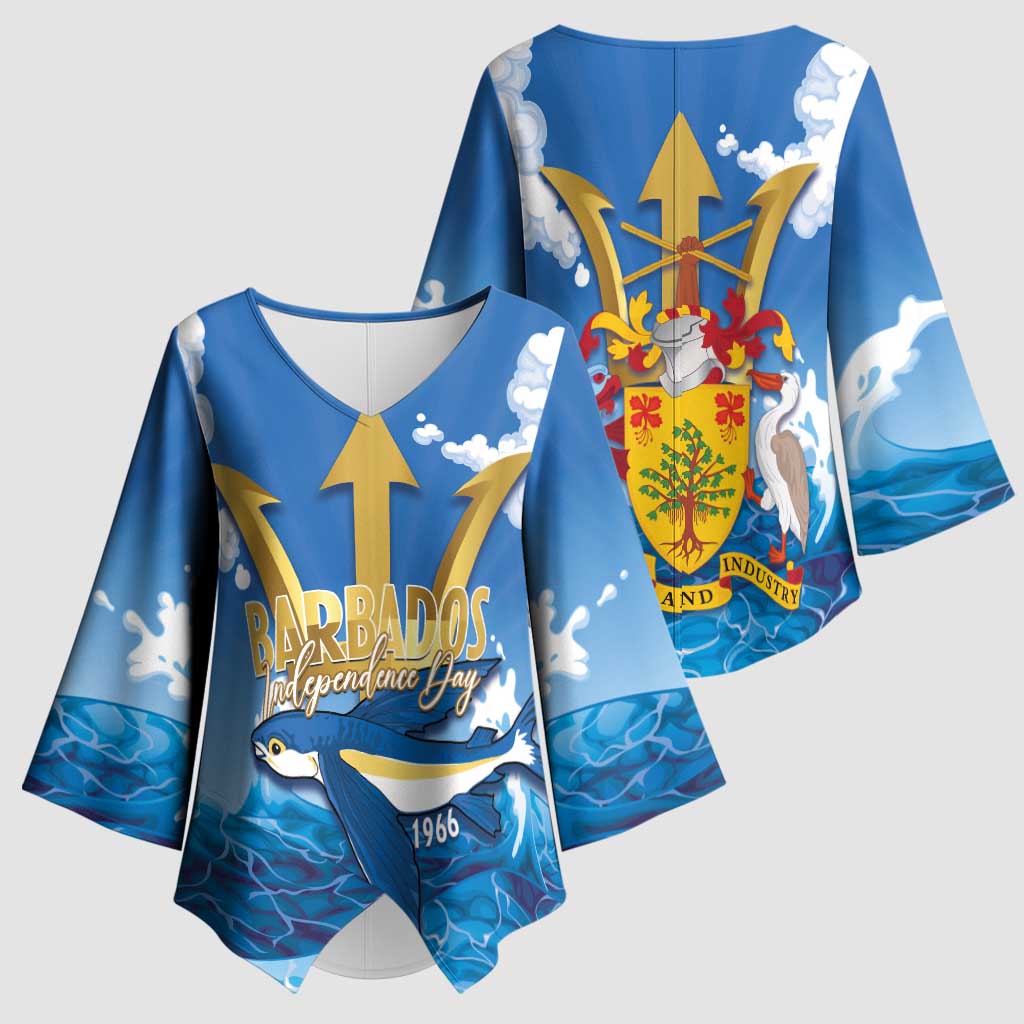 Barbados Independence Day Kimono Sleeve Blouse Gold Trident and Flying Fish - Wonder Print Shop