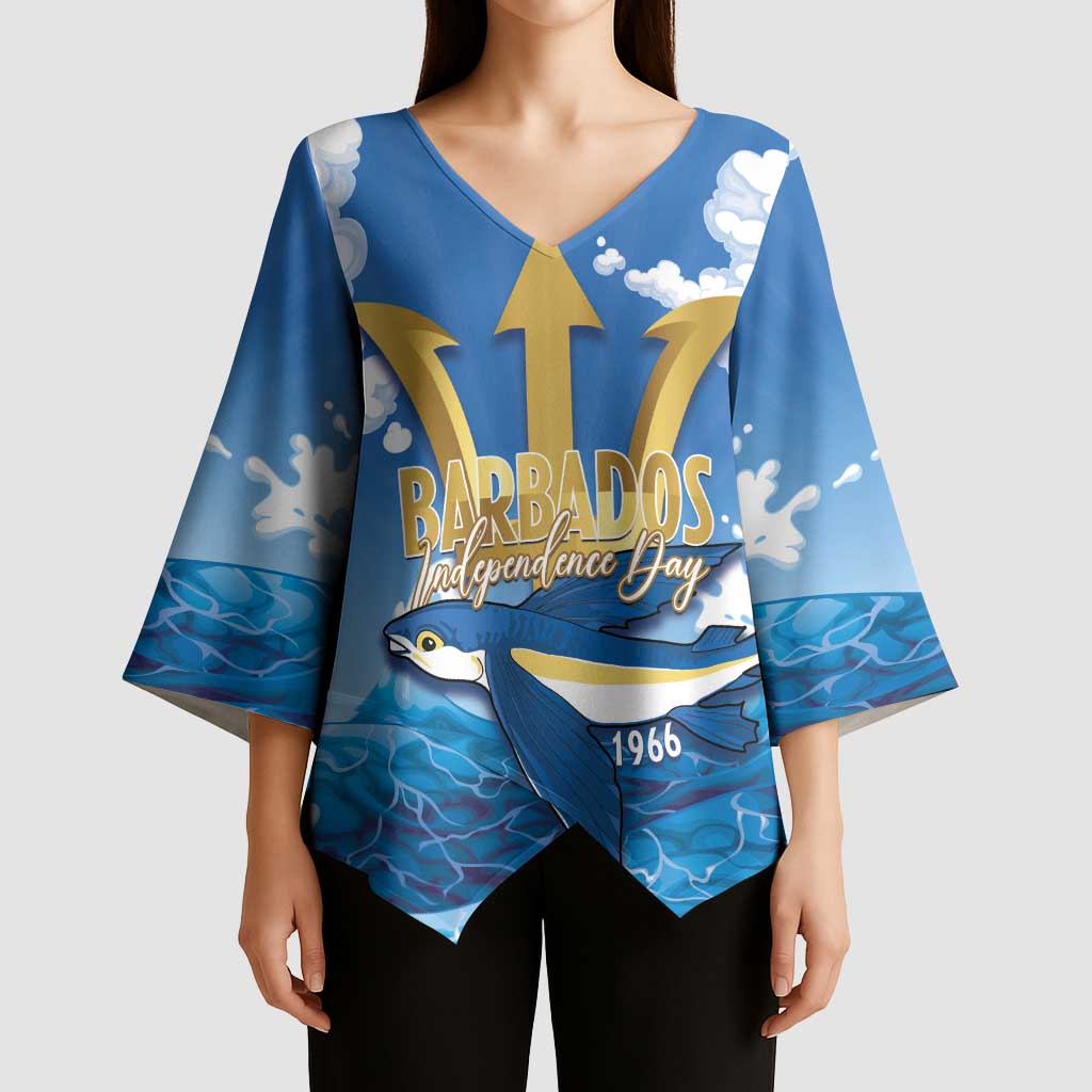 Barbados Independence Day Kimono Sleeve Blouse Gold Trident and Flying Fish - Wonder Print Shop