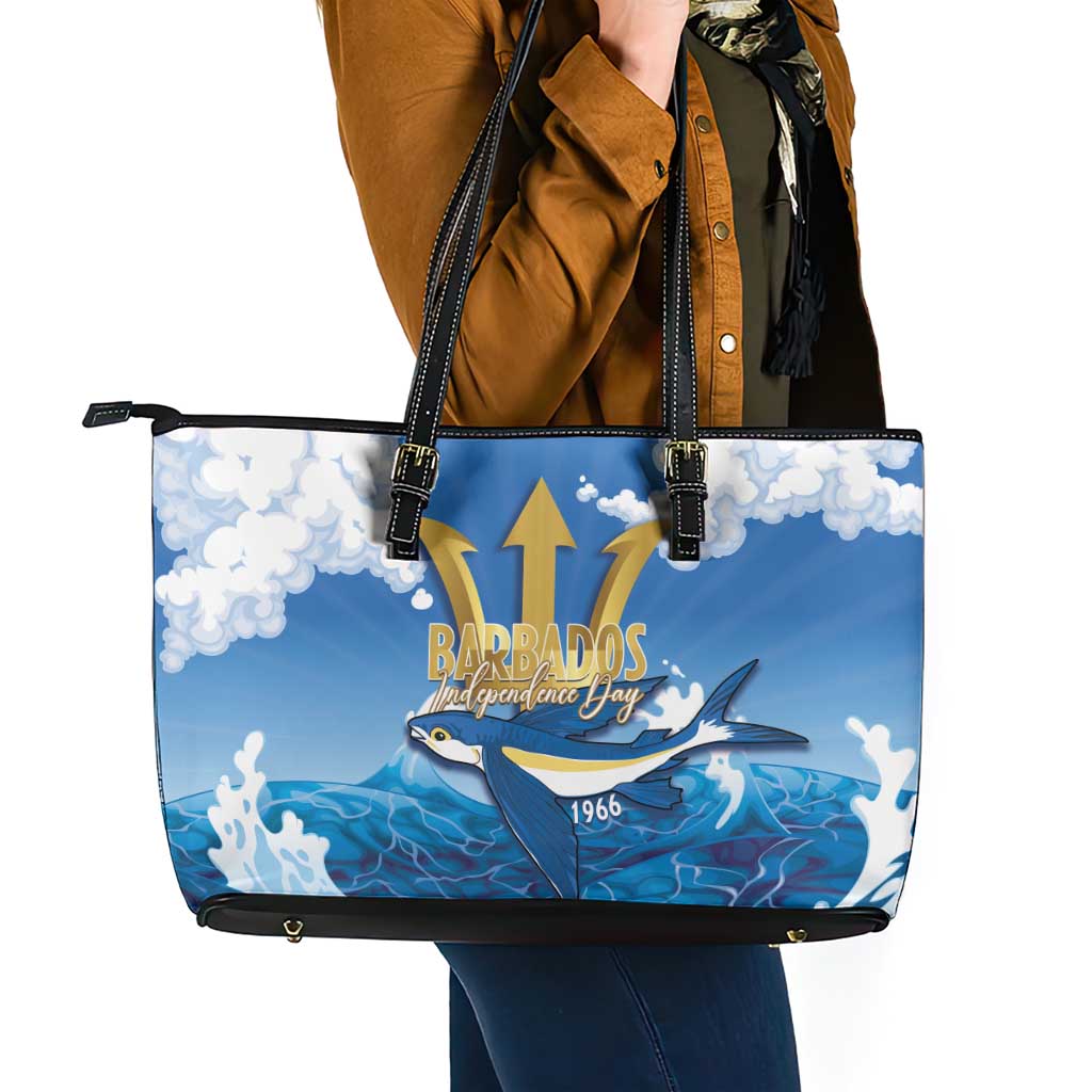 Barbados Independence Day Leather Tote Bag Gold Trident and Flying Fish - Wonder Print Shop