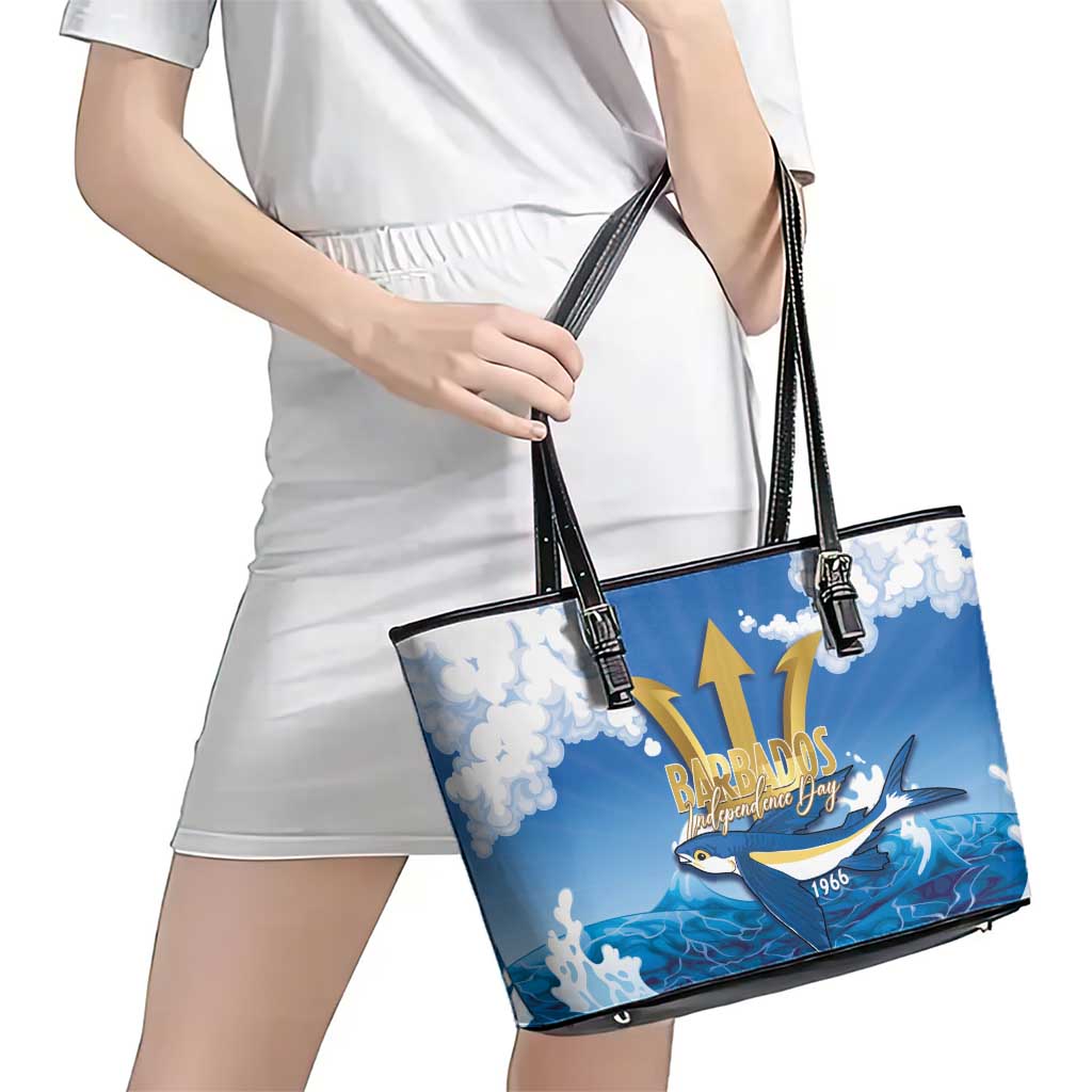 Barbados Independence Day Leather Tote Bag Gold Trident and Flying Fish - Wonder Print Shop