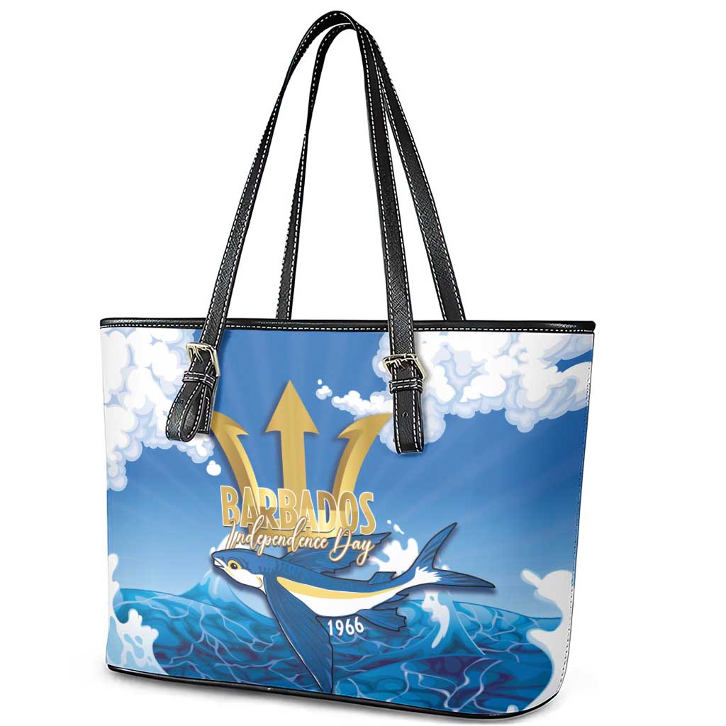 Barbados Independence Day Leather Tote Bag Gold Trident and Flying Fish - Wonder Print Shop