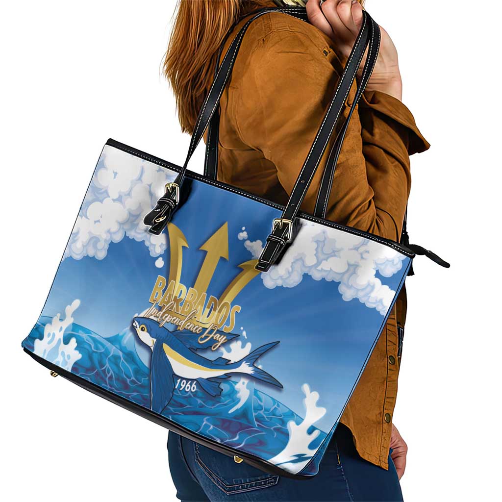 Barbados Independence Day Leather Tote Bag Gold Trident and Flying Fish - Wonder Print Shop